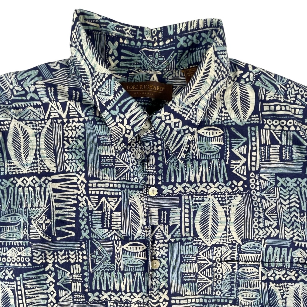 Tori Richard Shirt VTG Mens XL Blue Tribal Leaf Print Cotton Lawn Made in Hawaii